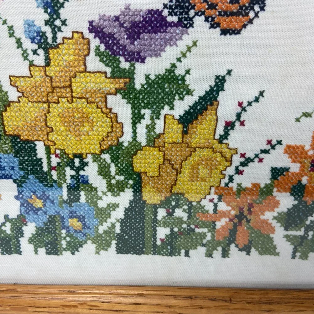 Vintage Cross stitch Flowers Butterfly Wooden Frame Handmade